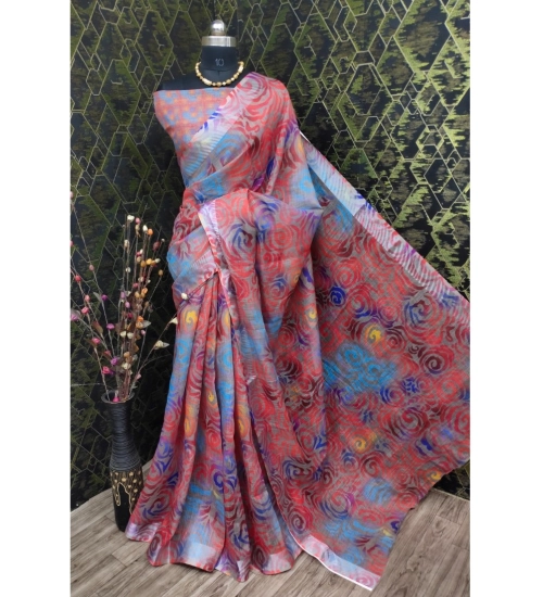 Women's Cotton Linen Woven Design Saree With Unstitched Blouse 5.5Mtr (Red)