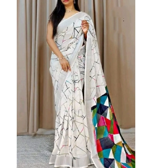 Women's Cotton Linen Printed Saree With Unstitched Blouse 5.5Mtr (White)