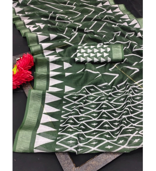Women's Cotton Linen Woven Design Saree With Unstitched Blouse 5.5Mtr (Green)