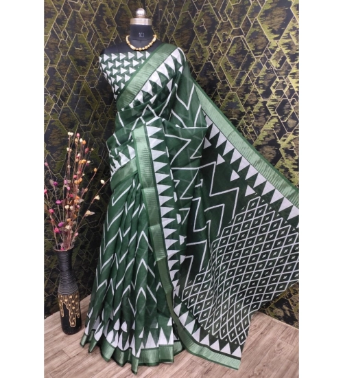 Women's Cotton Linen Woven Design Saree With Unstitched Blouse 5.5Mtr (Green)