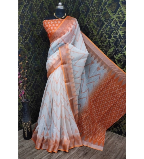 Women's Cotton Linen Woven Design Saree With Unstitched Blouse 5.5Mtr (Orange)