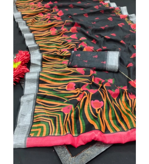 Women's Cotton Linen Digital Print Saree With Unstitched Blouse 5.5Mtr (Black)