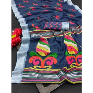 Generic Women's Cotton Linen Digital Print Saree With Unstitched Blouse 5.5Mtr (Blue)