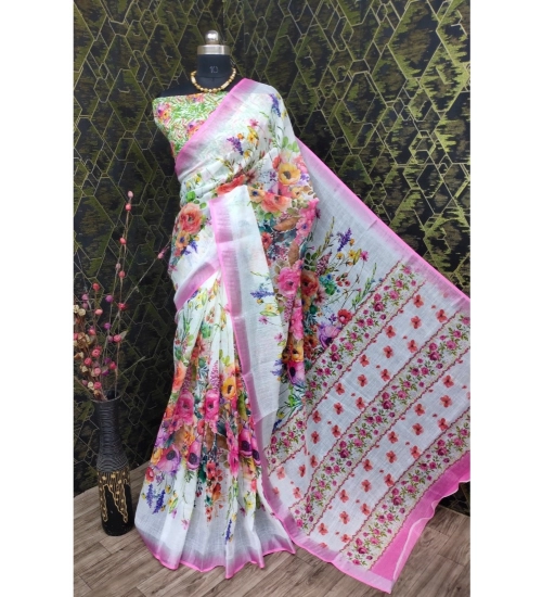 Women's Cotton Linen Printed Saree With Unstitched Blouse 5.5Mtr (Pink)