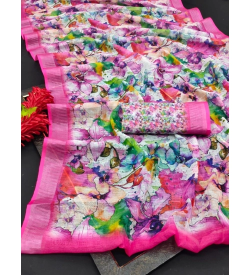 Women's Cotton Linen Printed Saree With Unstitched Blouse 5.5Mtr (Pink)