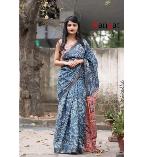 Women's Cotton Linen Printed Saree With Unstitched Blouse 5.5Mtr (Grey)