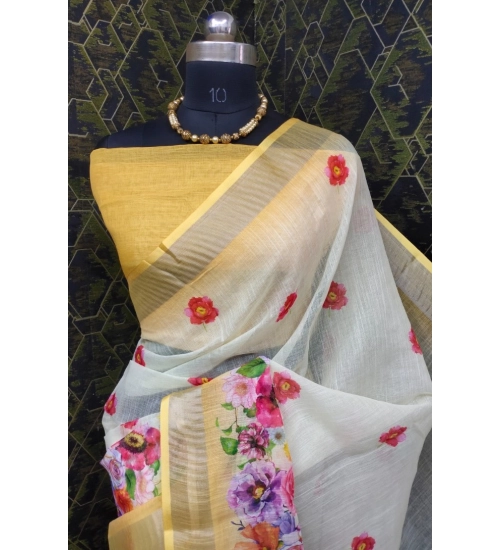 Women's Cotton Linen Woven Design Saree With Unstitched Blouse 5.5Mtr (Yellow)