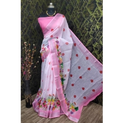 Women's Cotton Linen Woven Design Saree With Unstitched Blouse 5.5Mtr (Pink)