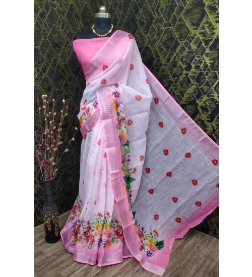 Women's Cotton Linen Woven Design Saree With Unstitched Blouse 5.5Mtr (Pink)