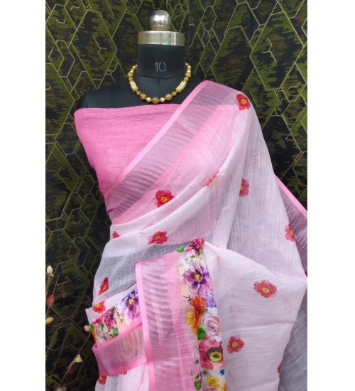 Women's Cotton Linen Woven Design Saree With Unstitched Blouse 5.5Mtr (Pink)