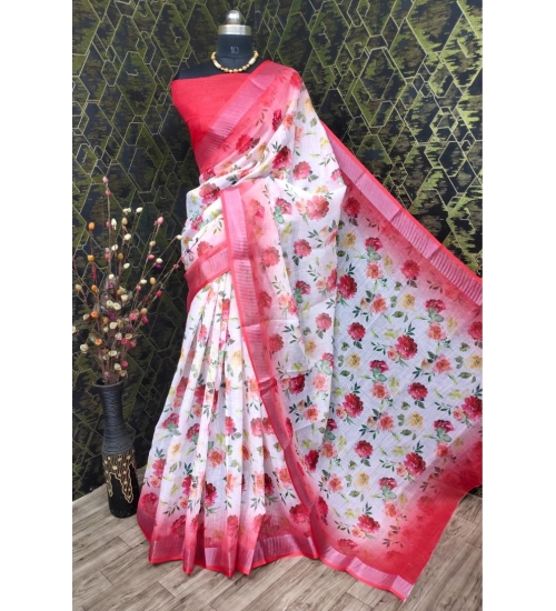 Women's Cotton Linen Woven Design Saree With Unstitched Blouse 5.5Mtr (Red)