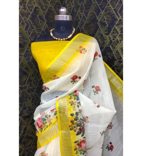 Women's Cotton Linen Woven Design Saree With Unstitched Blouse 5.5Mtr (Yellow)