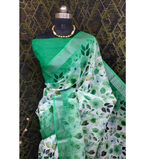 Women's Cotton Linen Woven Design Saree With Unstitched Blouse 5.5Mtr (Green)