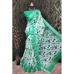 Women's Cotton Linen Woven Design Saree With Unstitched Blouse 5.5Mtr (Green)