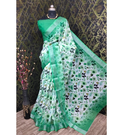 Women's Cotton Linen Woven Design Saree With Unstitched Blouse 5.5Mtr (Green)