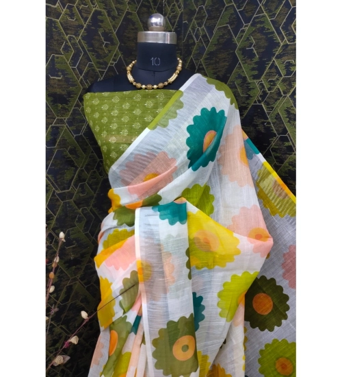 Women's Cotton Linen Woven Design Saree With Unstitched Blouse 5.5Mtr (Green)