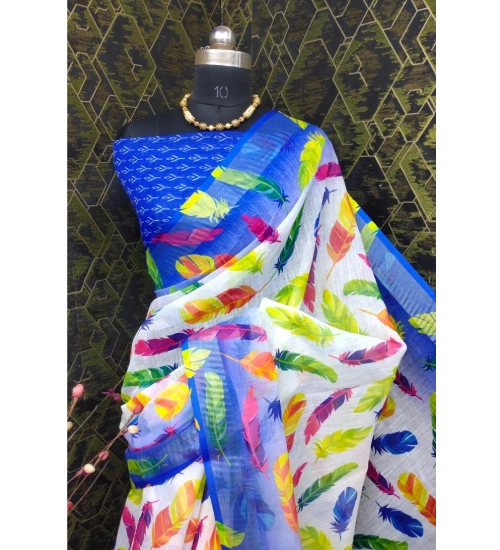 Women's Cotton Linen Woven Design Saree With Unstitched Blouse 5.5Mtr (Blue)