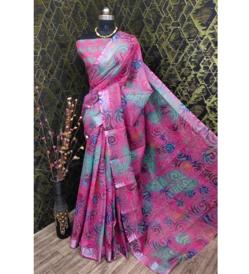 Women's Cotton Linen Woven Design Saree With Unstitched Blouse 5.5Mtr (Pink)