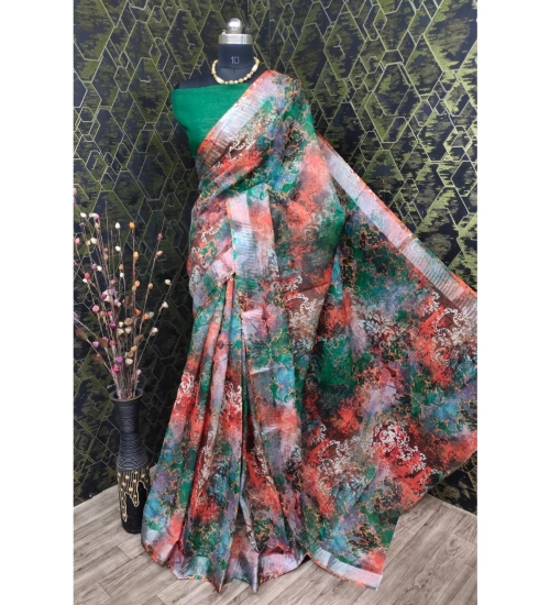 Women's Cotton Linen Woven Design Saree With Unstitched Blouse 5.5Mtr (Green)