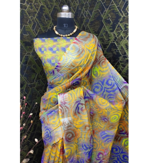 Women's Cotton Linen Woven Design Saree With Unstitched Blouse 5.5Mtr (Yellow)