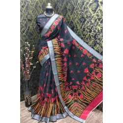 Women's Cotton Linen Digital Print Saree With Unstitched Blouse 5.5Mtr (Black)