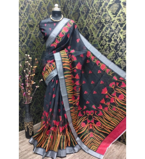 Women's Cotton Linen Digital Print Saree With Unstitched Blouse 5.5Mtr (Black)