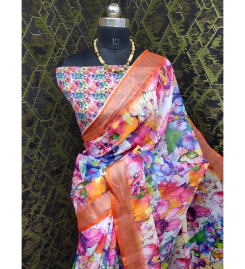 Women's Cotton Linen Printed Saree With Unstitched Blouse 5.5Mtr (Orange)