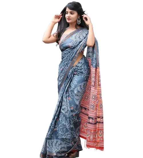 Women's Cotton Linen Printed Saree With Unstitched Blouse 5.5Mtr (Grey)