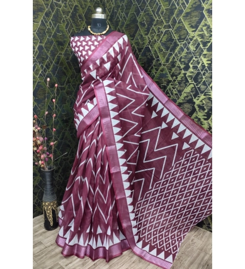 Women's Cotton Linen Woven Design Saree With Unstitched Blouse 5.5Mtr (Maroon)