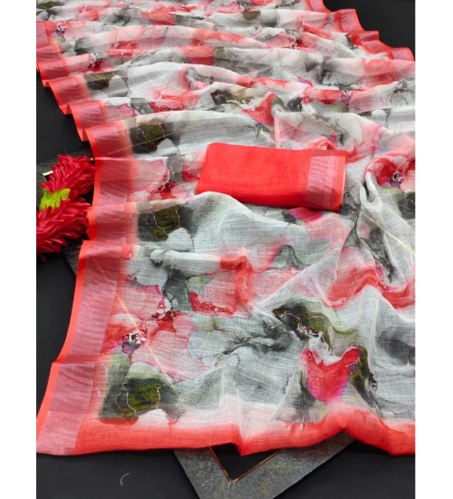 Women's Cotton Linen Woven Design Saree With Unstitched Blouse 5.5Mtr (Red)