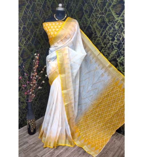 Women's Cotton Linen Woven Design Saree With Unstitched Blouse 5.5Mtr (Yellow)