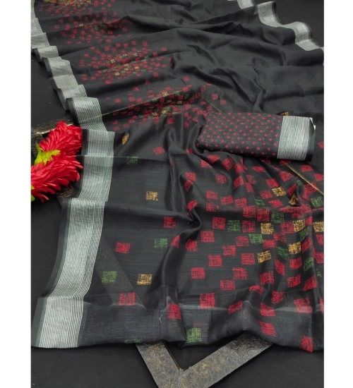 Women's Cotton Linen Digital Print Saree With Unstitched Blouse 5.5Mtr (Black)