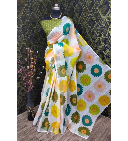 Women's Cotton Linen Woven Design Saree With Unstitched Blouse 5.5Mtr (Green)
