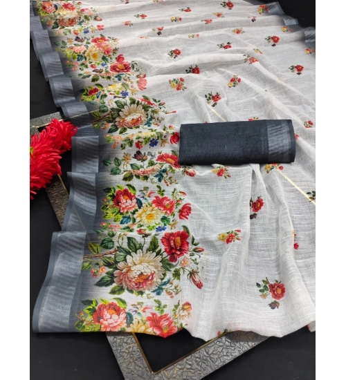 Women's Cotton Linen Woven Design Saree With Unstitched Blouse 5.5Mtr (Black)