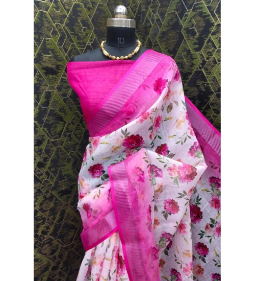 Women's Cotton Linen Woven Design Saree With Unstitched Blouse 5.5Mtr (Pink)