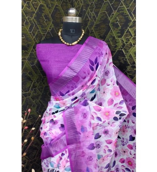 Women's Cotton Linen Woven Design Saree With Unstitched Blouse 5.5Mtr (Purple)