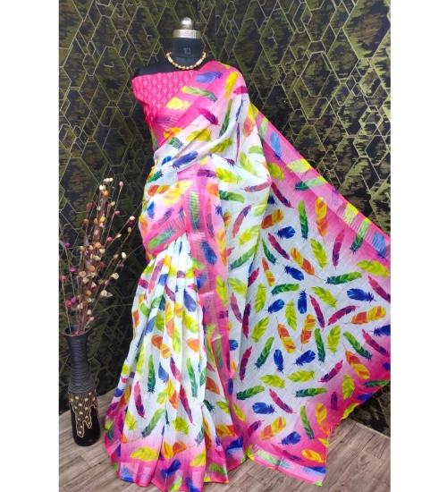 Women's Cotton Linen Woven Design Saree With Unstitched Blouse 5.5Mtr (Pink)