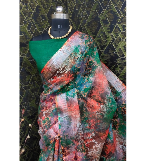 Women's Cotton Linen Woven Design Saree With Unstitched Blouse 5.5Mtr (Green)