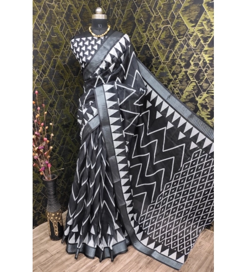 Women's Cotton Linen Woven Design Saree With Unstitched Blouse 5.5Mtr (Black)