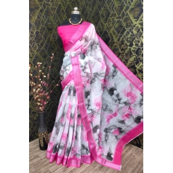 Women's Cotton Linen Woven Design Saree With Unstitched Blouse 5.5Mtr (Pink)