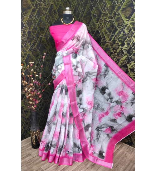Women's Cotton Linen Woven Design Saree With Unstitched Blouse 5.5Mtr (Pink)