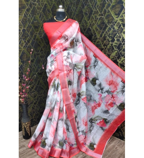 Women's Cotton Linen Woven Design Saree With Unstitched Blouse 5.5Mtr (Red)