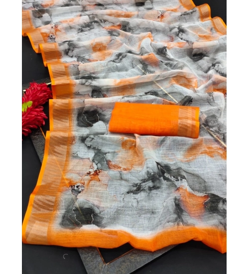 Women's Cotton Linen Woven Design Saree With Unstitched Blouse 5.5Mtr (Orange)