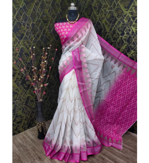 Women's Cotton Linen Woven Design Saree With Unstitched Blouse 5.5Mtr (Pink)