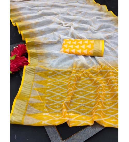 Women's Cotton Linen Woven Design Saree With Unstitched Blouse 5.5Mtr (Yellow)