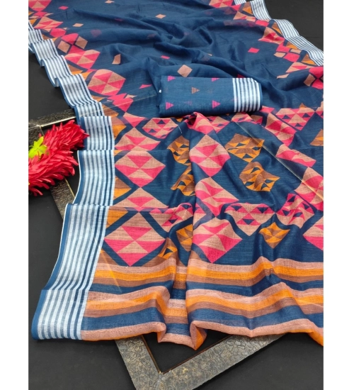 Women's Cotton Linen Digital Print Saree With Unstitched Blouse 5.5Mtr (Blue)