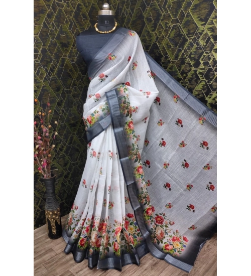 Women's Cotton Linen Woven Design Saree With Unstitched Blouse 5.5Mtr (Black)