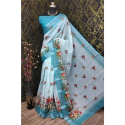 Women's Cotton Linen Woven Design Saree With Unstitched Blouse 5.5Mtr (Sky)