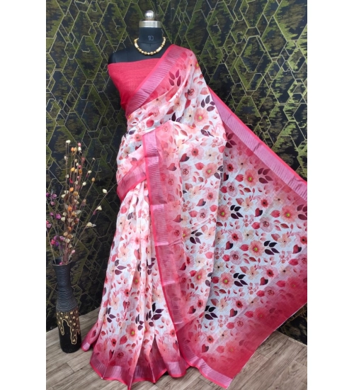 Women's Cotton Linen Woven Design Saree With Unstitched Blouse 5.5Mtr (Red)