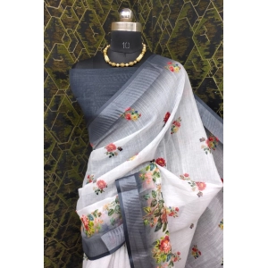Generic Women's Cotton Linen Woven Design Saree With Unstitched Blouse 5.5Mtr (Black)